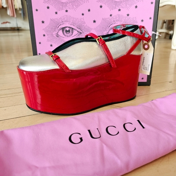 Gucci hannelore ultra platform sandals silver red floral valentines flatforms - Picture 8 of 8